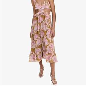 Likely Pink Floral Cutout Midi Dress with Green-Gold Base